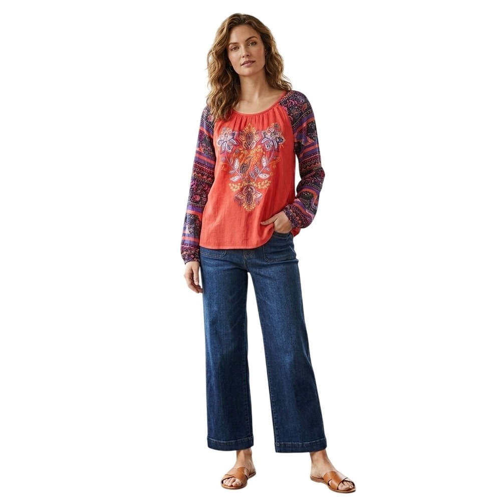 Soft Surroundings Women's Large Orange Embroidered Boho Paisley Blouse Tops